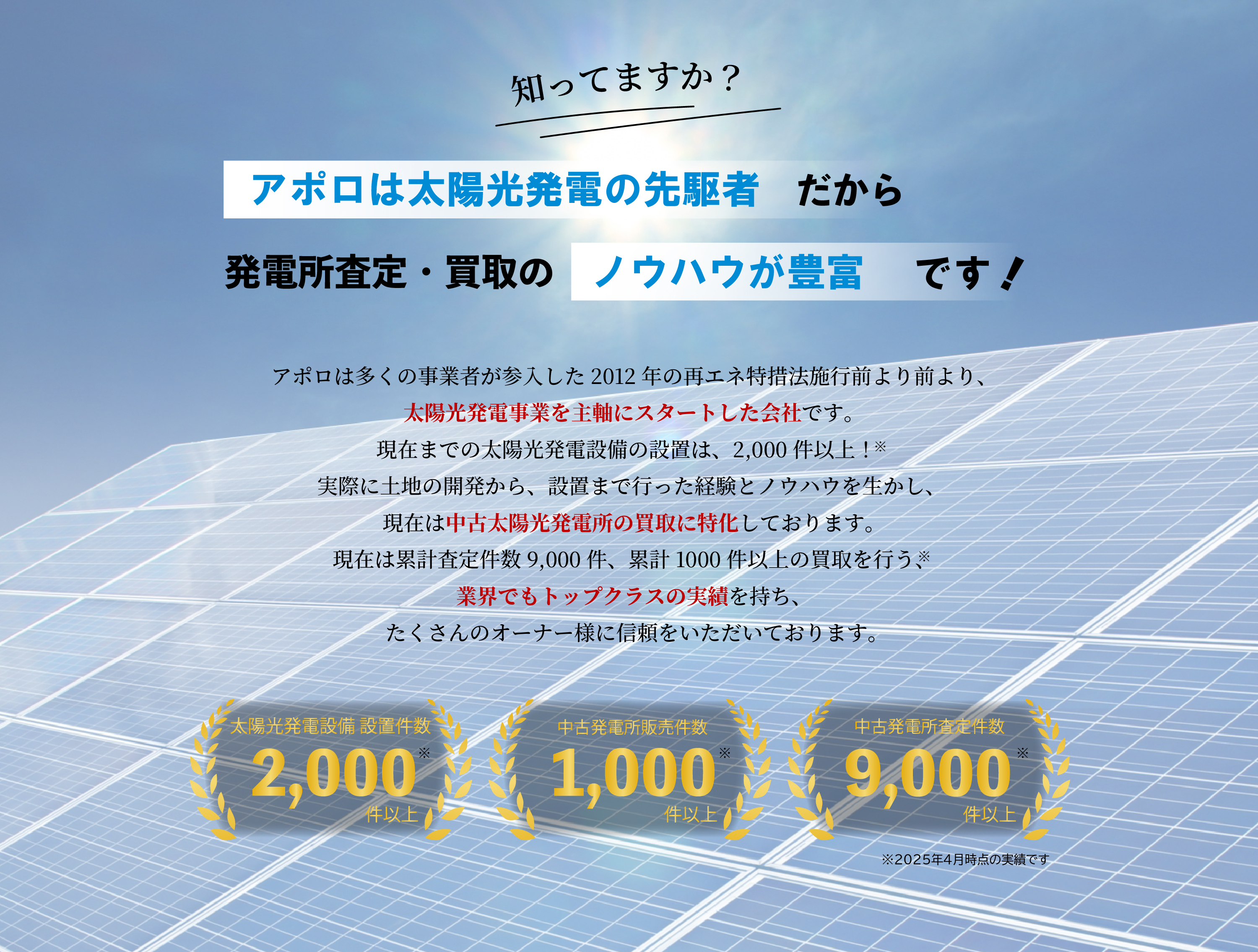 知ってますか？アポロは太陽光発電投資の先駆所だから、発電所査定・買取のノウハウが豊富です！